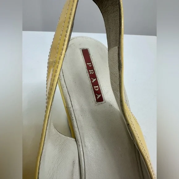 Prada Leather Slingback Sandals Wedge Heel Pale Yellow Peep Toe Womens 40 - Picture 3 of 9